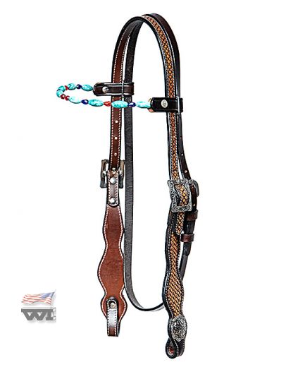 BASKET TOOLED HEADSTALL WITH TURQUOIS GEMSTONES