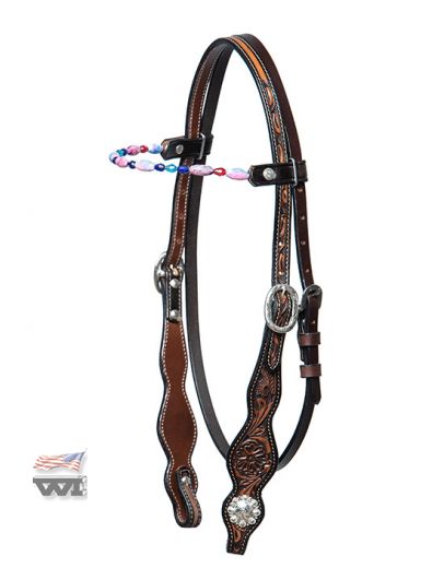OAK TOOLED HEADSTALL WITH LIGHT-PINK GEMSTONES